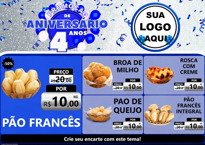 Modelo de Encarte para Encarte A4 Horizontal com o tema Promoção de Aniversário - 4 Anos para Padaria
