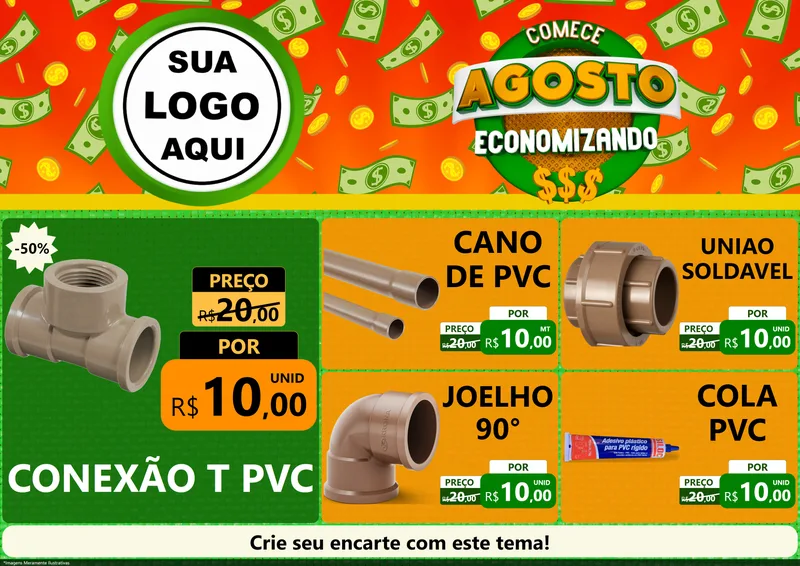 Modelo de Encarte para Encarte A4 Horizontal com o tema Comece Agosto Economizando para Tubos e conexões