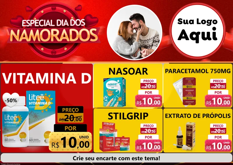 Modelo de Encarte para Encarte A4 Horizontal com o tema Especial Dia Dos Namorados para Farmácia
