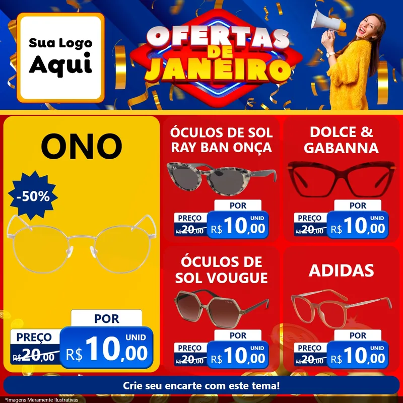Modelo de Rede Social para Feed Facebook com o tema Ofertas de Janeiro para Óticas