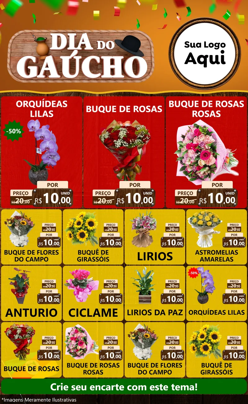 Modelo de Encarte para Encarte Grande com o tema Dia do Gaúcho para Floricultura e jardim
