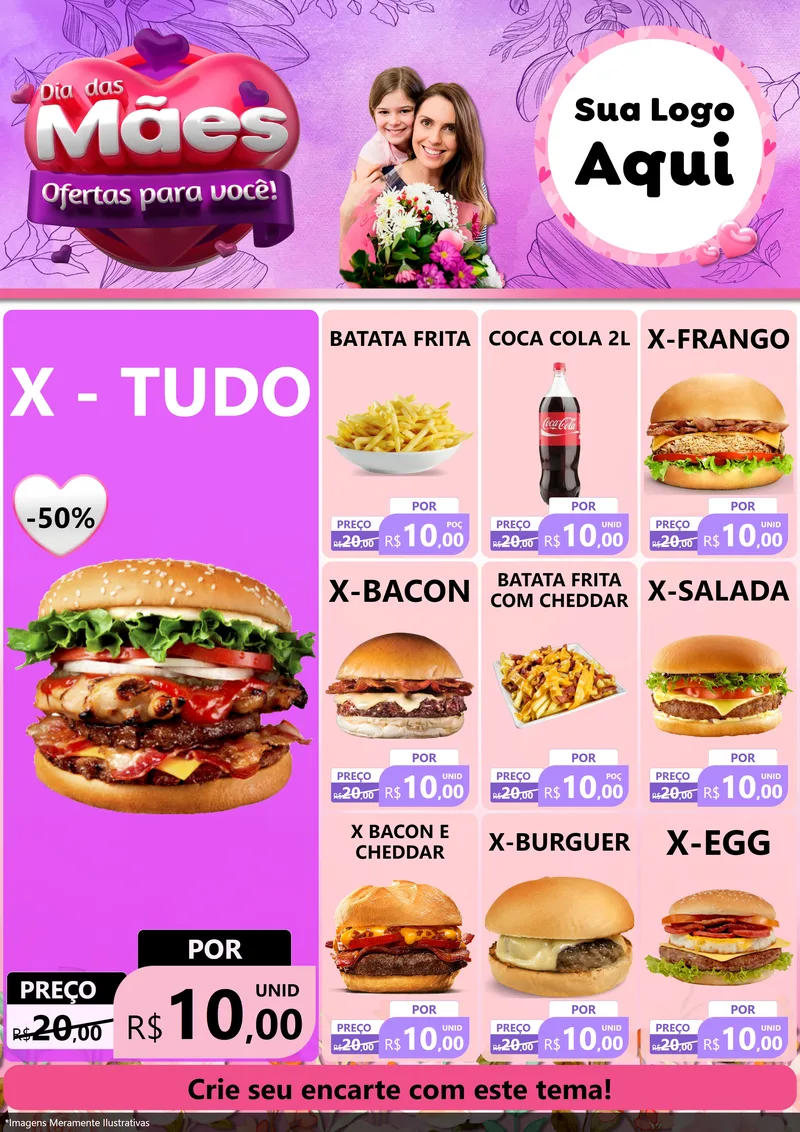 Modelo de Encarte para Encarte A4 Vertical com o tema Dia das Mães Ofertas para Você! para Hamburgueria