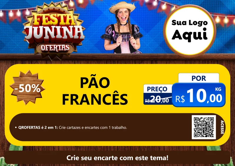 Modelo de Cartaz para Cartaz A4 Horizontal com o tema Festa Junina Ofertas para Padaria