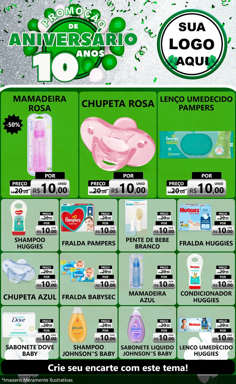 Modelo de Encarte para Encarte Grande com o tema Promoção de Aniversário - 10 Anos para Bebês