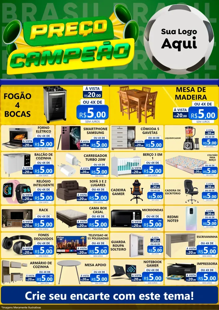 Modelo de Encarte para Encarte A4 Vertical com o tema Preço Campeão - Copa para Móveis e Eletro