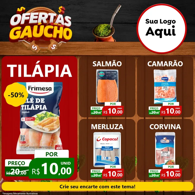 Modelo de Rede Social para Feed Facebook com o tema Ofertas Dia do Gaúcho para Peixaria