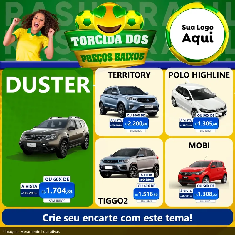 Modelo de Rede Social para Feed Facebook com o tema Torcida dos Preços Baixos - Copa para Concessionaria de Carros