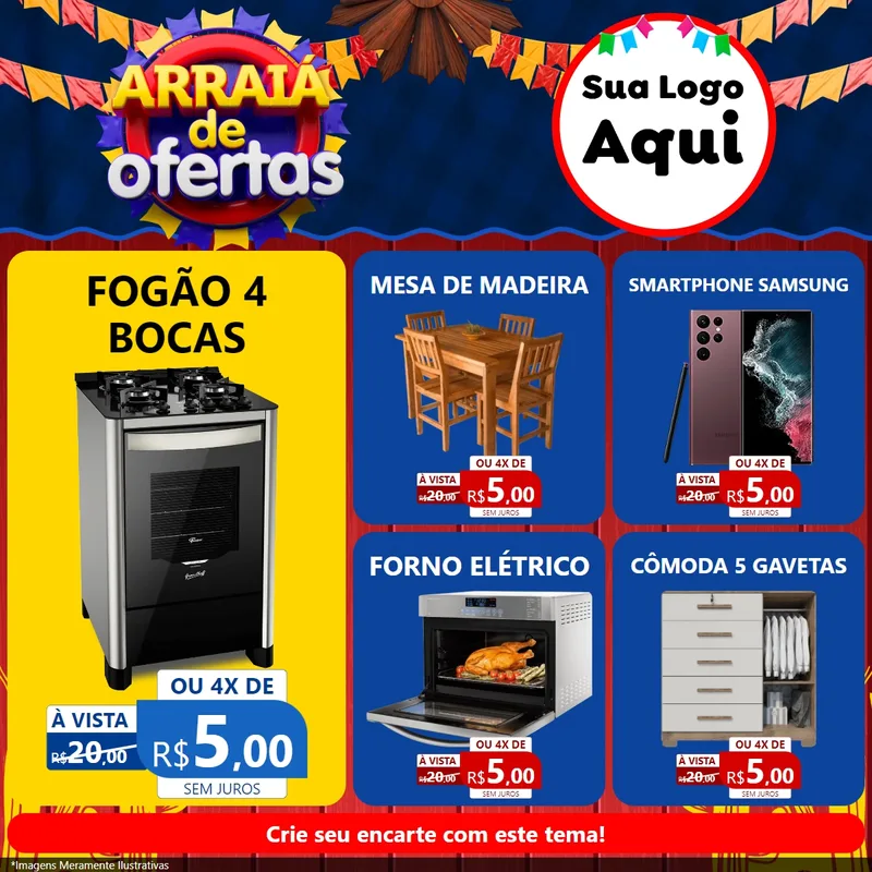 Modelo de Rede Social para Feed Facebook com o tema Arraiá de Ofertas para Móveis e Eletro