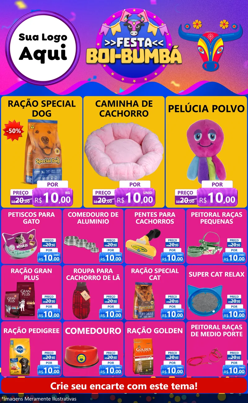 Modelo de Encarte para Encarte Grande com o tema Festa Boi-Bumbá para Pet Shop