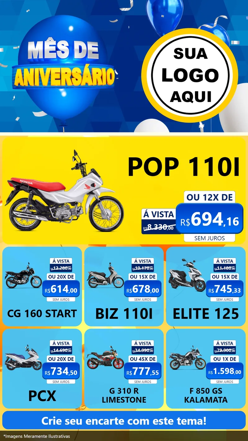 Modelo de Rede Social para Stories com o tema Mês de Aniversário para Concessionaria de Motos