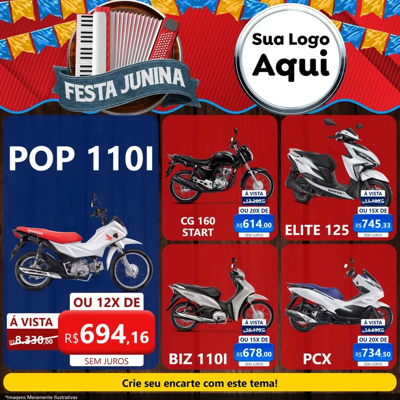 Modelo de Rede Social para Feed Facebook com o tema Festa Junina para Concessionaria de Motos