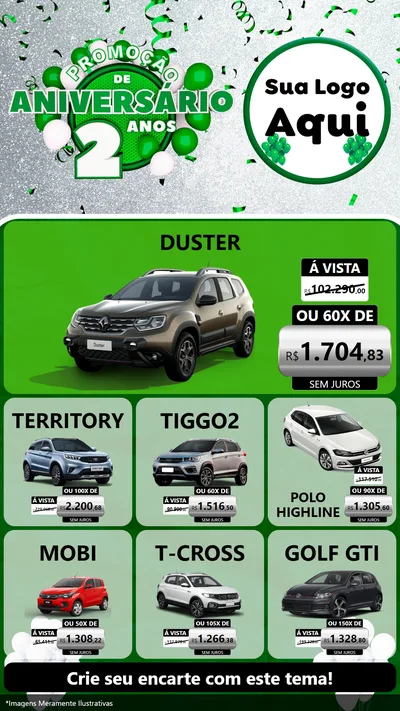 Modelo de Rede Social para Stories com o tema Promoção de Aniversário - 2 Anos para Concessionaria de Carros