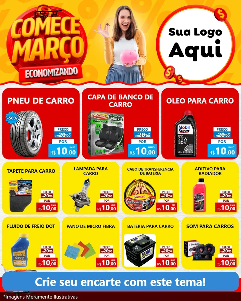 Modelo de Rede Social para Feed Instagram com o tema Comece Março Economizando para Auto peças