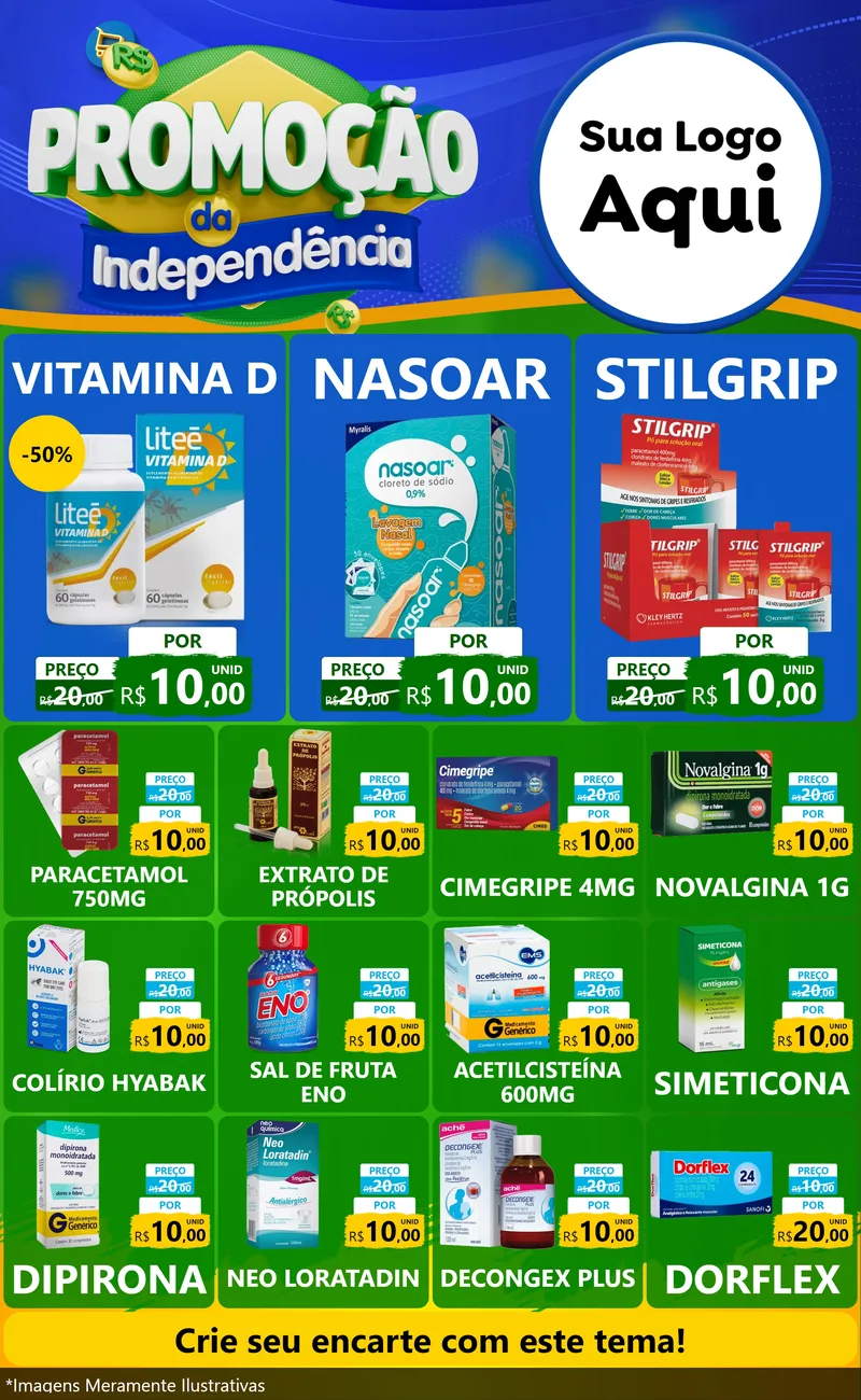 Modelo de Encarte para Encarte Grande com o tema Promoção da Independência para Farmácia