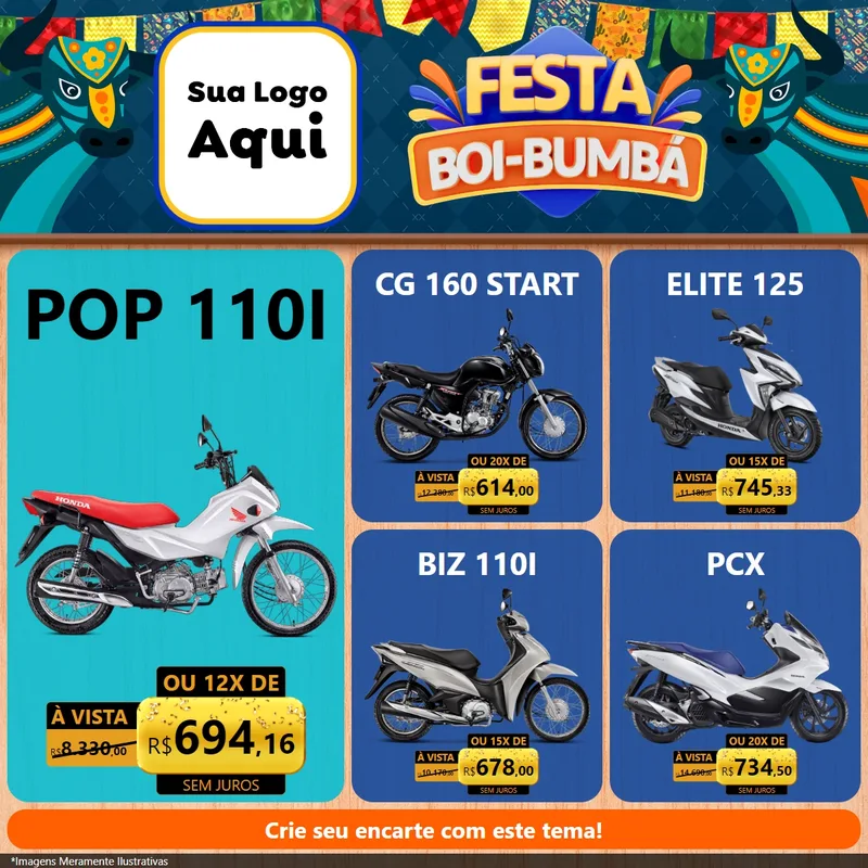 Modelo de Rede Social para Feed Facebook com o tema Festa Boi Bumbá para Concessionaria de Motos