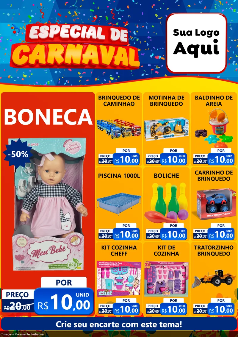 Modelo de Encarte para Encarte A4 Vertical com o tema Especial de Carnaval para Brinquedos