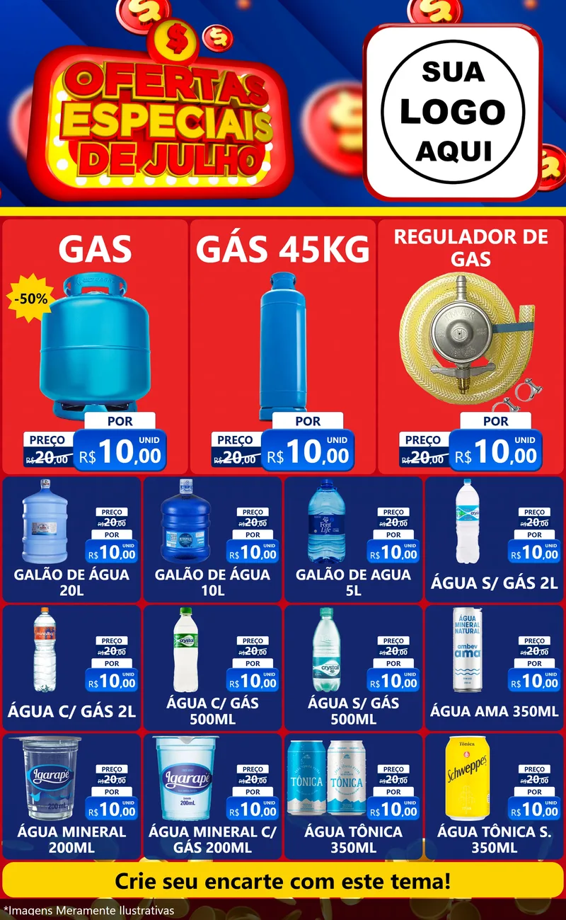 Modelo de Encarte para Encarte Grande com o tema Ofertas Especiais de Julho para Água e gás