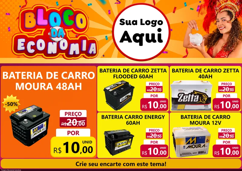 Modelo de Encarte para Encarte A4 Horizontal com o tema Bloco da Economia para Baterias Elétricas