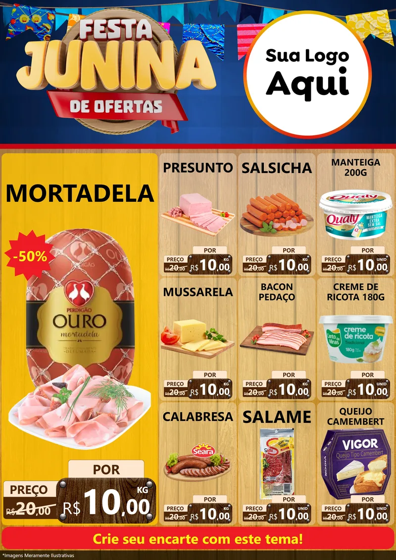 Modelo de Encarte para Encarte A4 Vertical com o tema Festa Junina de Ofertas para Frios e Laticínios