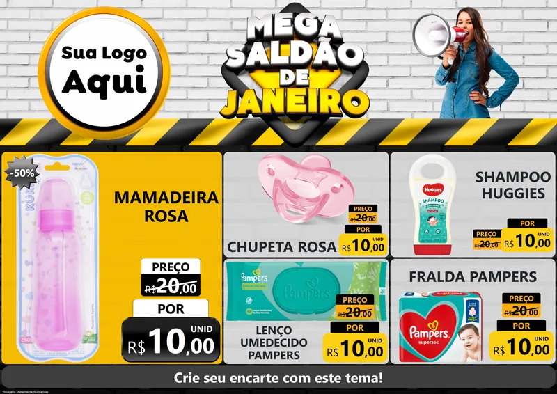 Modelo de Encarte para Encarte A4 Horizontal com o tema Mega Saldão de Janeiro para Bebês