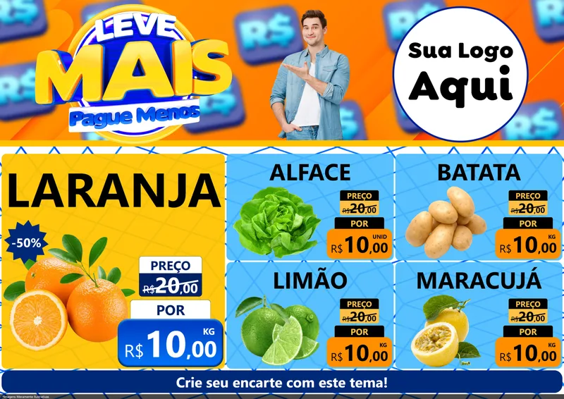 Modelo de Encarte para Encarte A4 Horizontal com o tema Leve Mais, Pague Menos para Hortifrúti