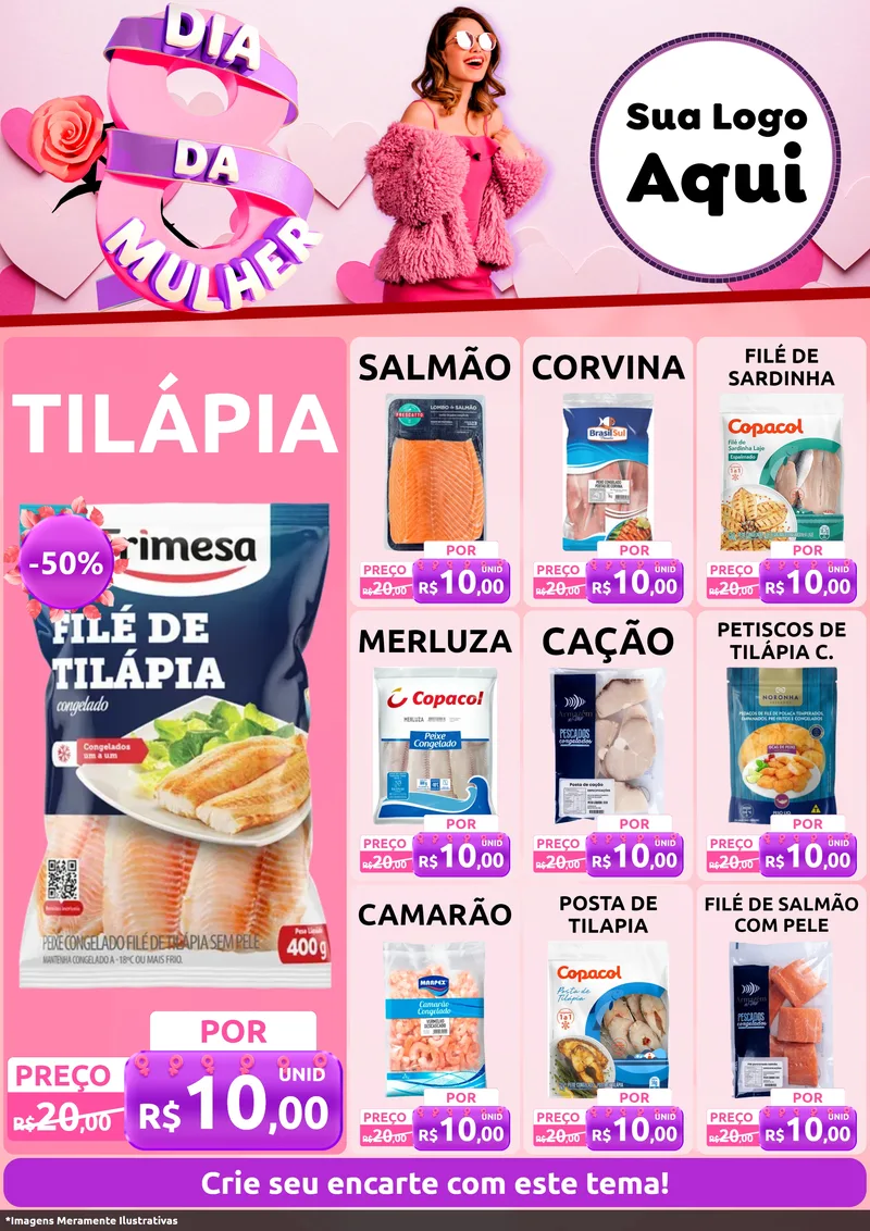 Modelo de Encarte para Encarte A4 Vertical com o tema Dia da Mulher para Peixaria