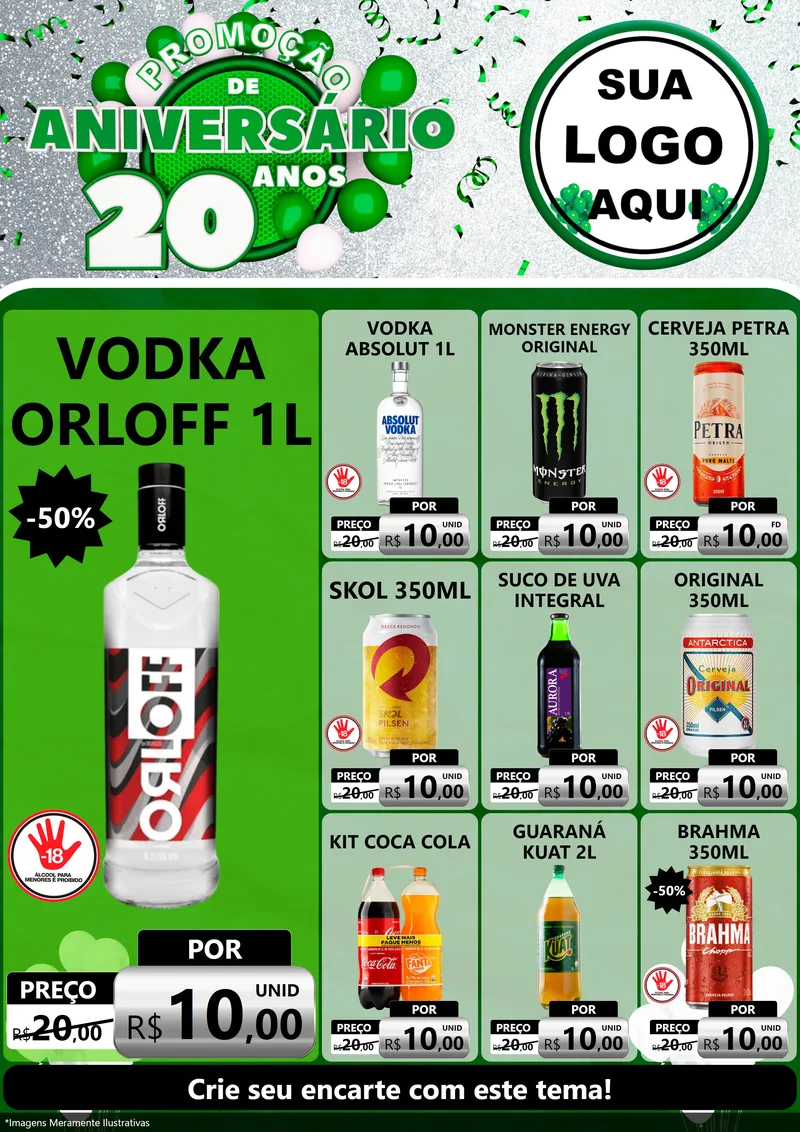 Modelo de Encarte para Encarte A4 Vertical com o tema Promoção de Aniversário - 20 Anos para Distribuidora de bebidas