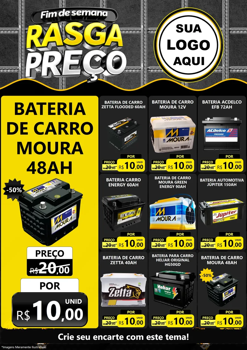 Modelo de Encarte para Encarte A4 Vertical com o tema Fim de Semana Rasga Preço para Baterias Elétricas