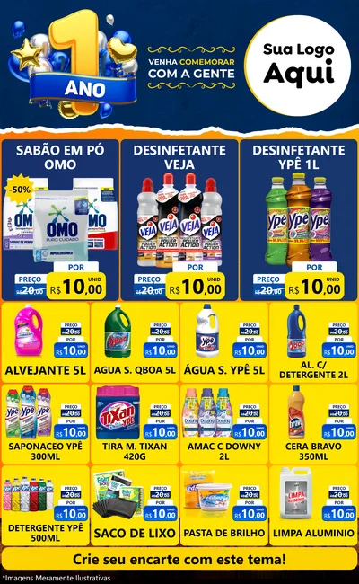 Modelo de Encarte para Encarte Grande com o tema Um Ano de Aniversário para Produtos de Limpeza