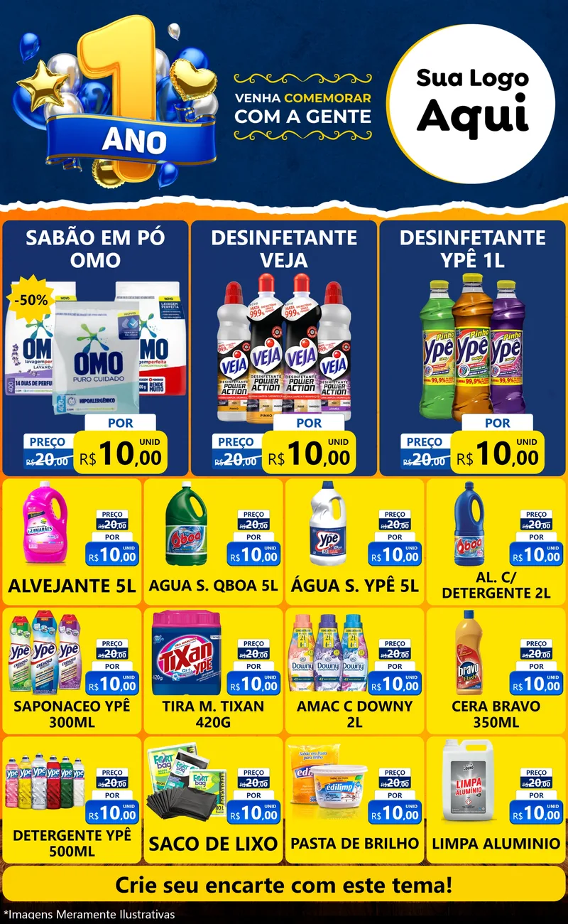 Modelo de Encarte para Encarte Grande com o tema Um Ano de Aniversário para Produtos de Limpeza