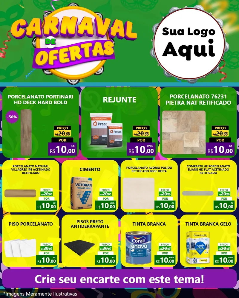 Modelo de Rede Social para Feed Instagram com o tema Carnaval de Ofertas para Pisos e revestimentos