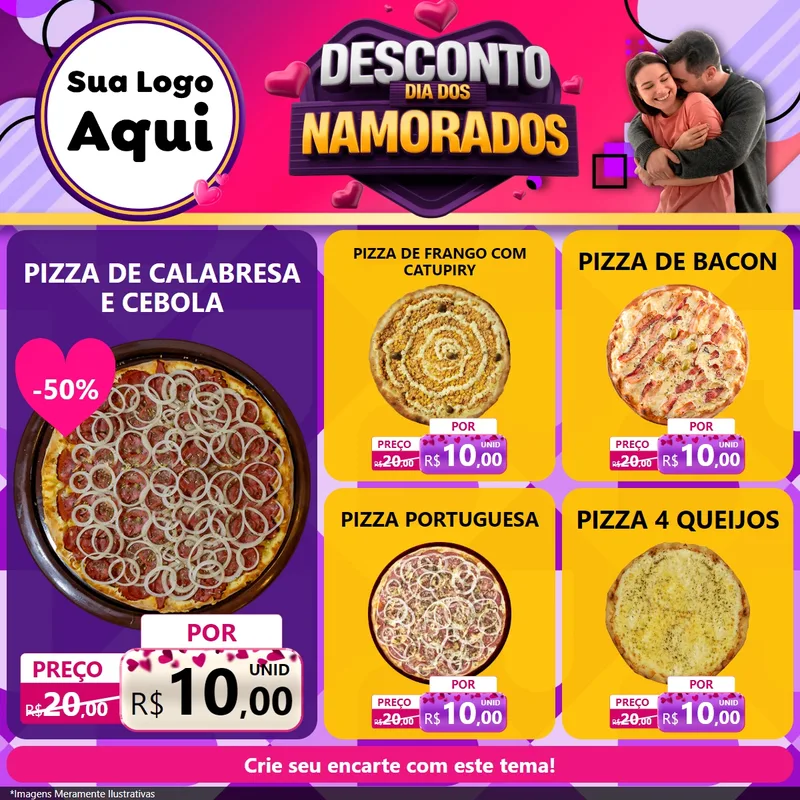 Modelo de Rede Social para Feed Facebook com o tema Desconto Dia dos Namorados para Pizzaria