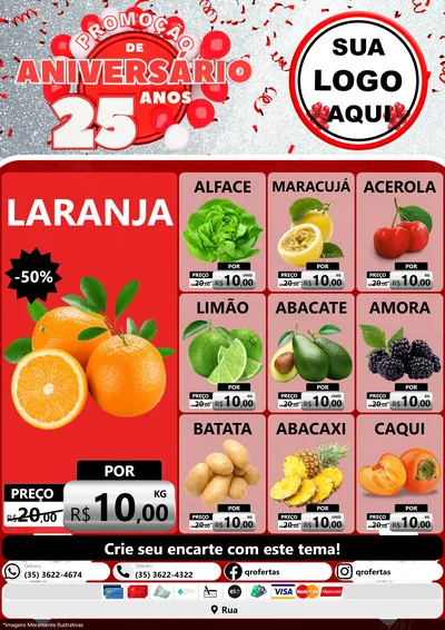 Modelo de Encarte para Encarte A4 Vertical com o tema Promoção de Aniversário - 25Anos para Hortifrúti
