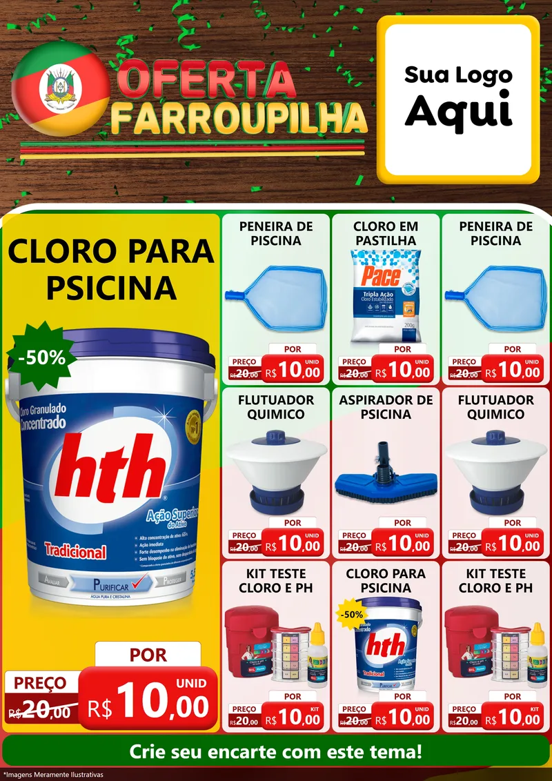 Modelo de Encarte para Encarte A4 Vertical com o tema Oferta Farroupilha para Produtos para Piscina