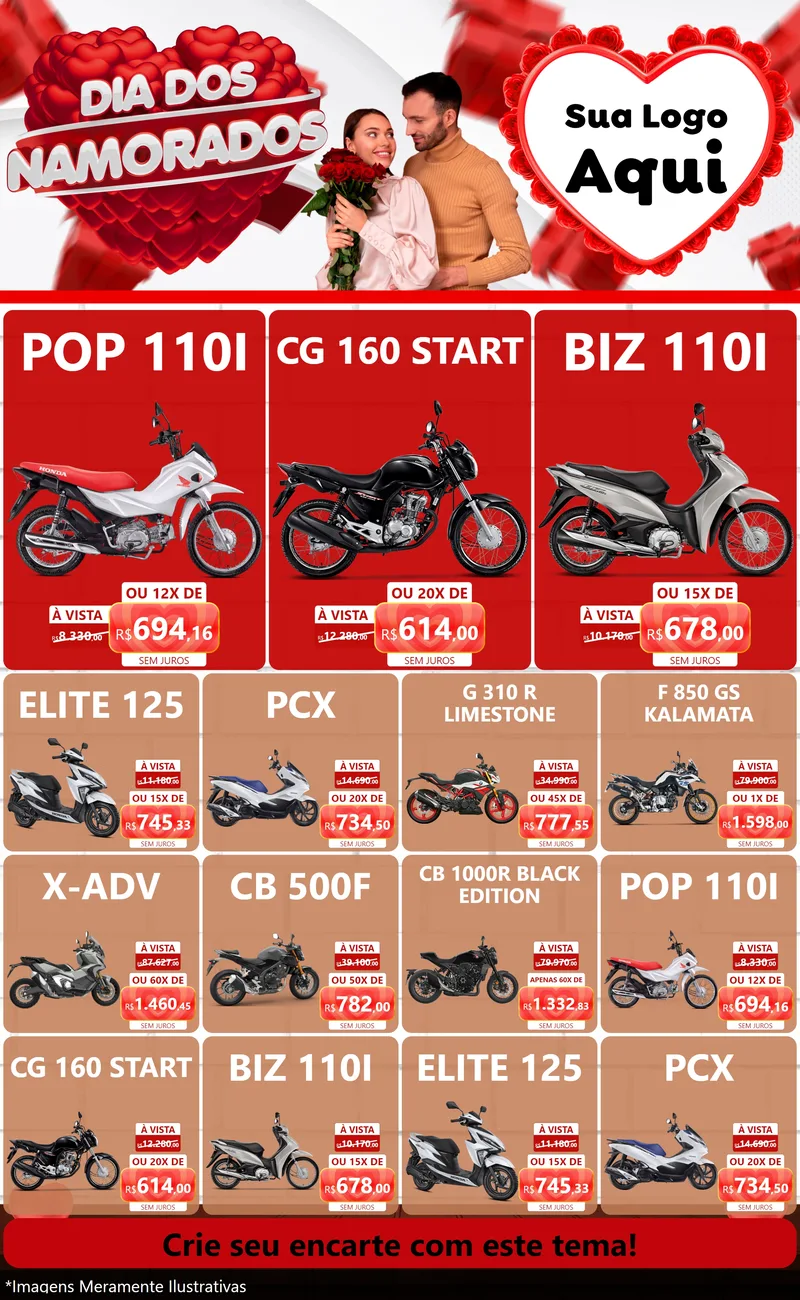 Modelo de Encarte para Encarte Grande com o tema Dia dos Namorados para Concessionaria de Motos
