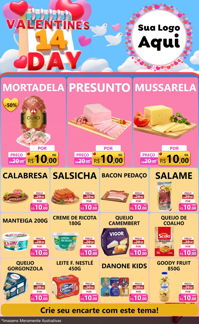 Modelo de Encarte para Encarte Grande com o tema Valentine's Day para Frios e Laticínios