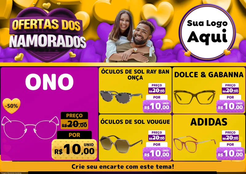 Modelo de Encarte para Encarte A4 Horizontal com o tema Oferta Dos Namorados para Óticas