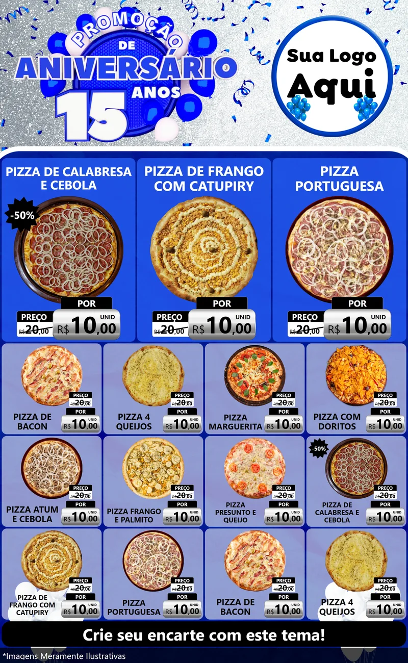 Modelo de Encarte para Encarte Grande com o tema Promoção de Aniversário - 15 Anos para Pizzaria