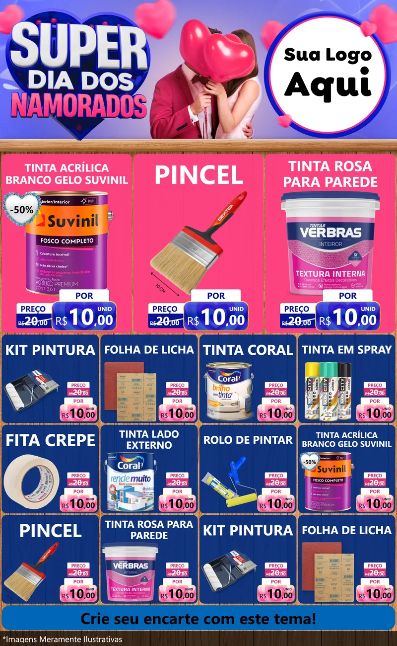 Modelo de Encarte para Encarte Grande com o tema Super Dia dos Namorados para Tintas e Ferramentas