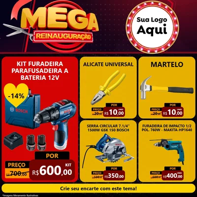 Modelo de Rede Social para Feed Facebook com o tema Mega Reinauguração para Maquinas e Ferramentas