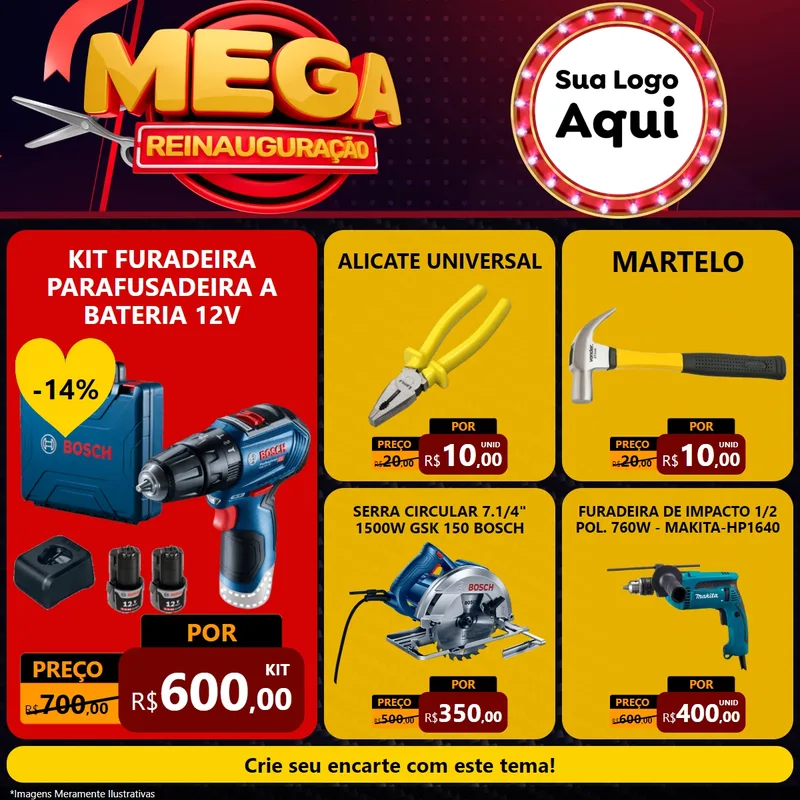 Modelo de Rede Social para Feed Facebook com o tema Mega Reinauguração para Maquinas e Ferramentas
