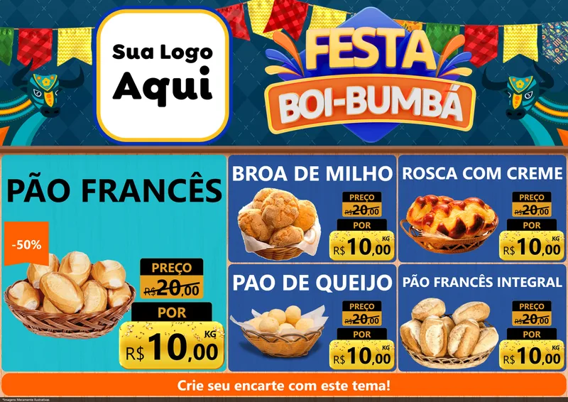 Modelo de Encarte para Encarte A4 Horizontal com o tema Festa Boi Bumbá para Padaria