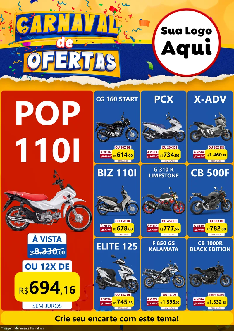 Modelo de Encarte para Encarte A4 Vertical com o tema Carnaval de Ofertas para Concessionaria de Motos