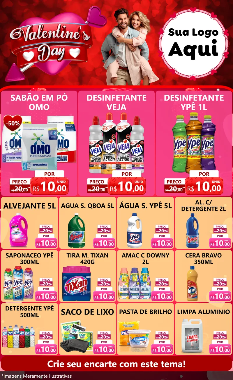 Modelo de Encarte para Encarte Grande com o tema Valentine's Day para Produtos de Limpeza
