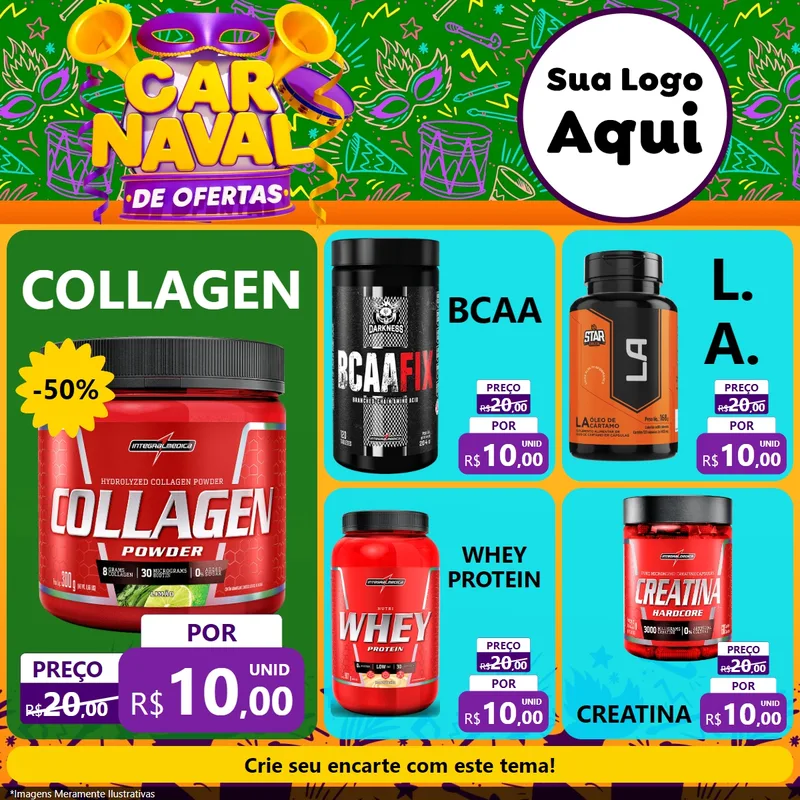 Modelo de Rede Social para Feed Facebook com o tema Carnaval de Ofertas para Suplementos alimentares