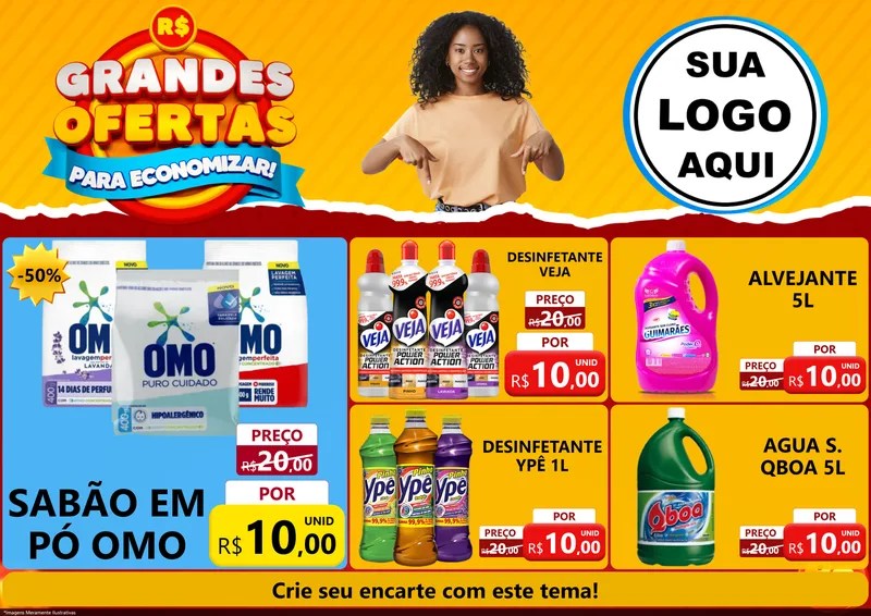 Modelo de Encarte para Encarte A4 Horizontal com o tema Grandes Ofertas Para Economizar! para Produtos de Limpeza