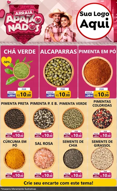 Modelo de Encarte para Encarte Grande com o tema Arraiá dos Apaixonados - Junina para Produtos Naturais