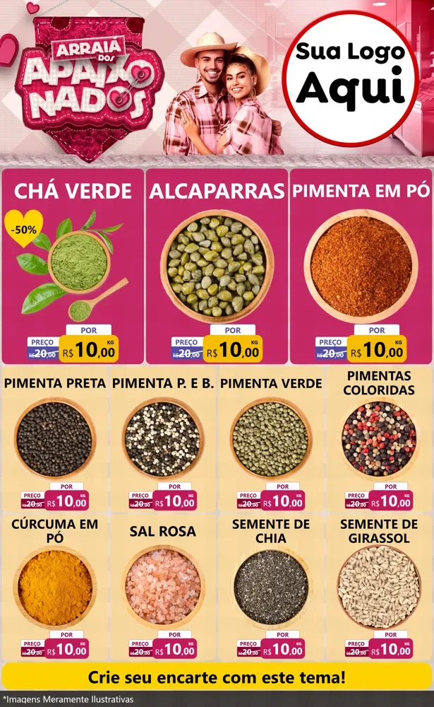 Modelo de Encarte para Encarte Grande com o tema Arraiá dos Apaixonados - Junina para Produtos Naturais