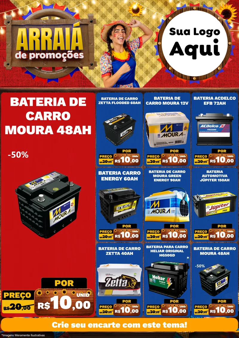 Modelo de Encarte para Encarte A4 Vertical com o tema Arraiá de Promoções para Baterias Elétricas