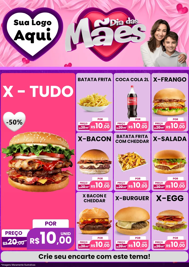 Modelo de Encarte para Encarte A4 Vertical com o tema Dia das Mães para Hamburgueria